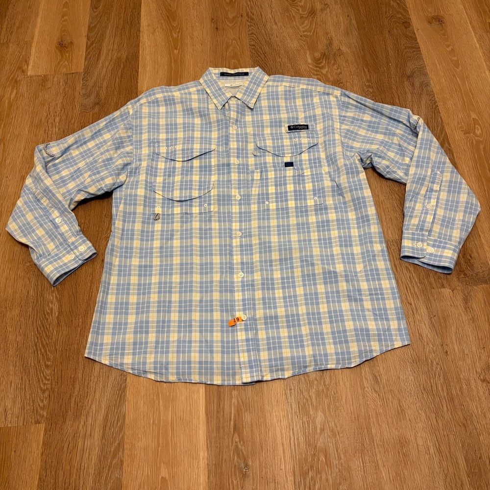 Columbia PFG Super Boneheaded Button Down Fishing Shirt Medium Blue Yellow Camp